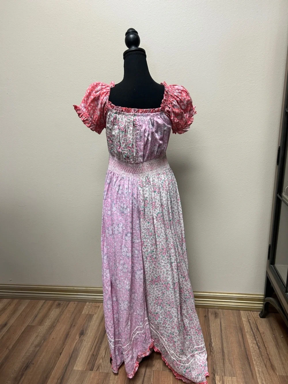 LoveShackFancy Pink Floral Maxi Dress with Coral Puff Sleeves - Picture 5 of 5